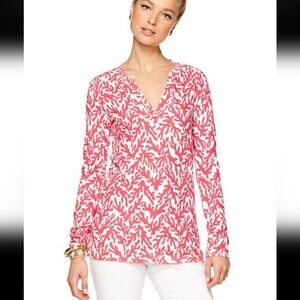 Lilly Pulitzer Odette Coral White V-Neck Long Sleeve Tunic Top Island Coral